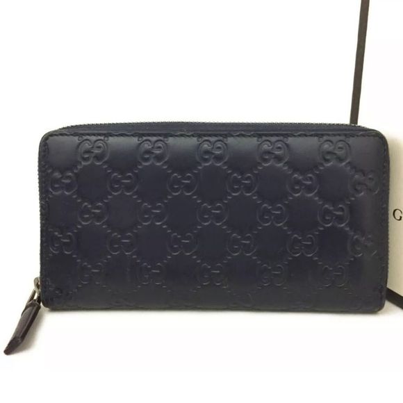 Gucci Handbags - GUCCI Shima GG Logo Navy blue Leather Zippy Around Long Wallet